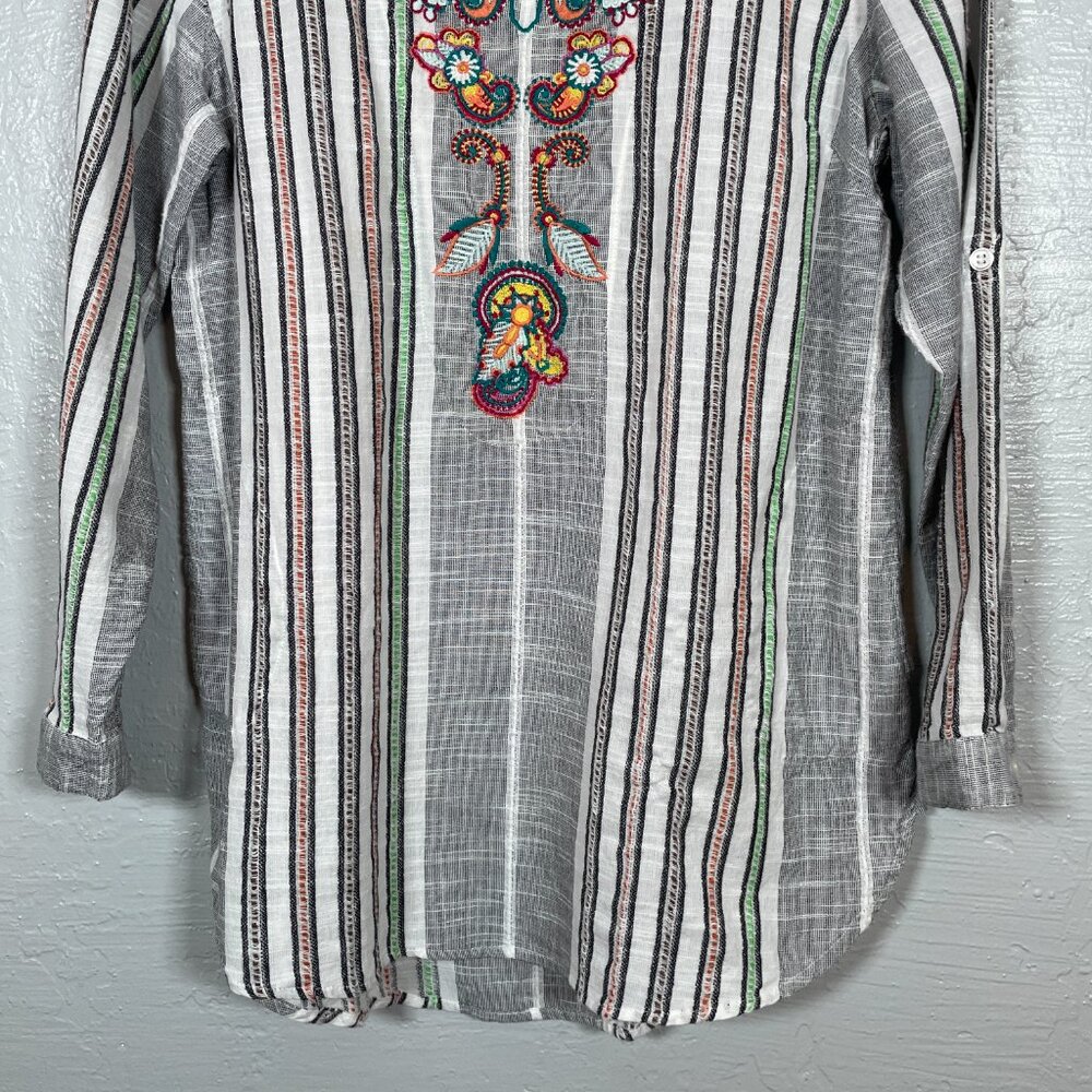 Soft Surroundings Women M Aruba Tunic Blouse Striped Embroidered Floral Boho - Picture 2 of 9